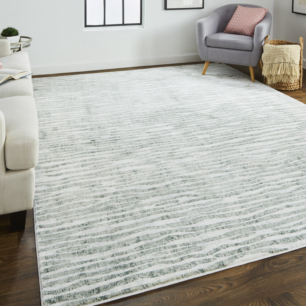 Gray Green And Ivory Striped Distressed Stain Resistant Area Rug  10' x 13'