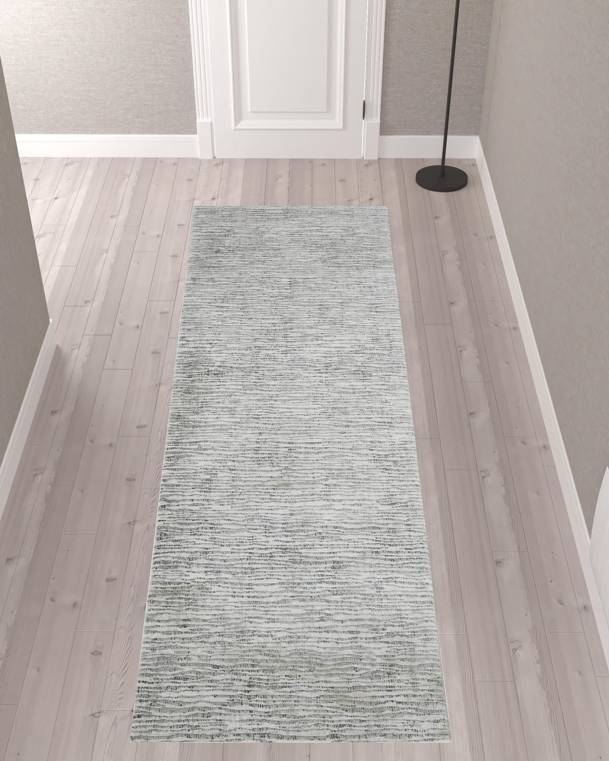 Gray Green And Ivory Striped Distressed Stain Resistant Area Rug  10' x 13'