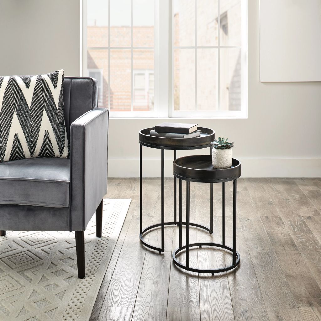 22" Black And Dark Walnut Solid Wood Round End Table