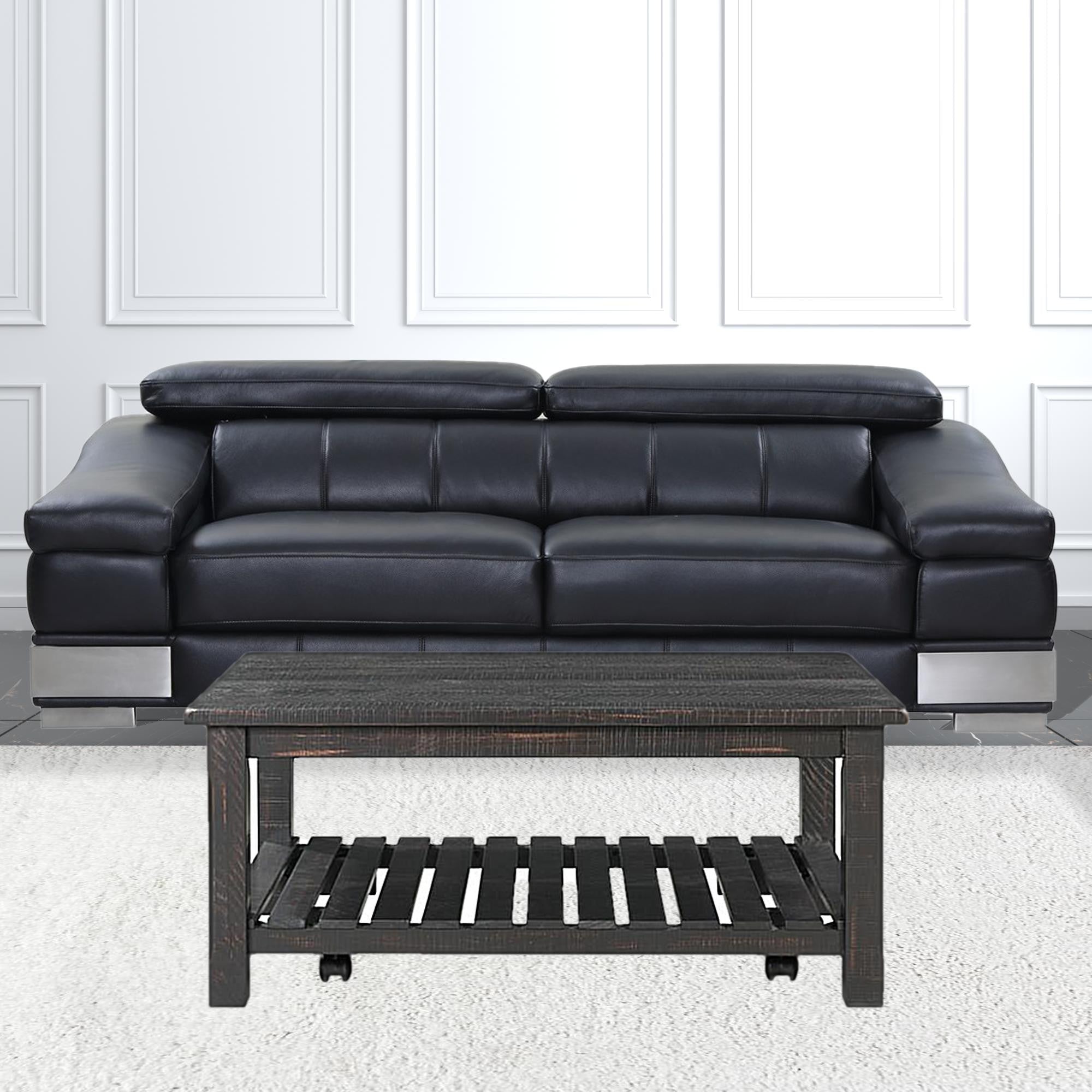 42" Antique Black Solid Wood Rectangular Distressed Coffee Table With Shelf