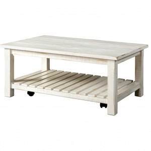42 英寸古董白色實木長方形仿舊咖啡桌帶架子