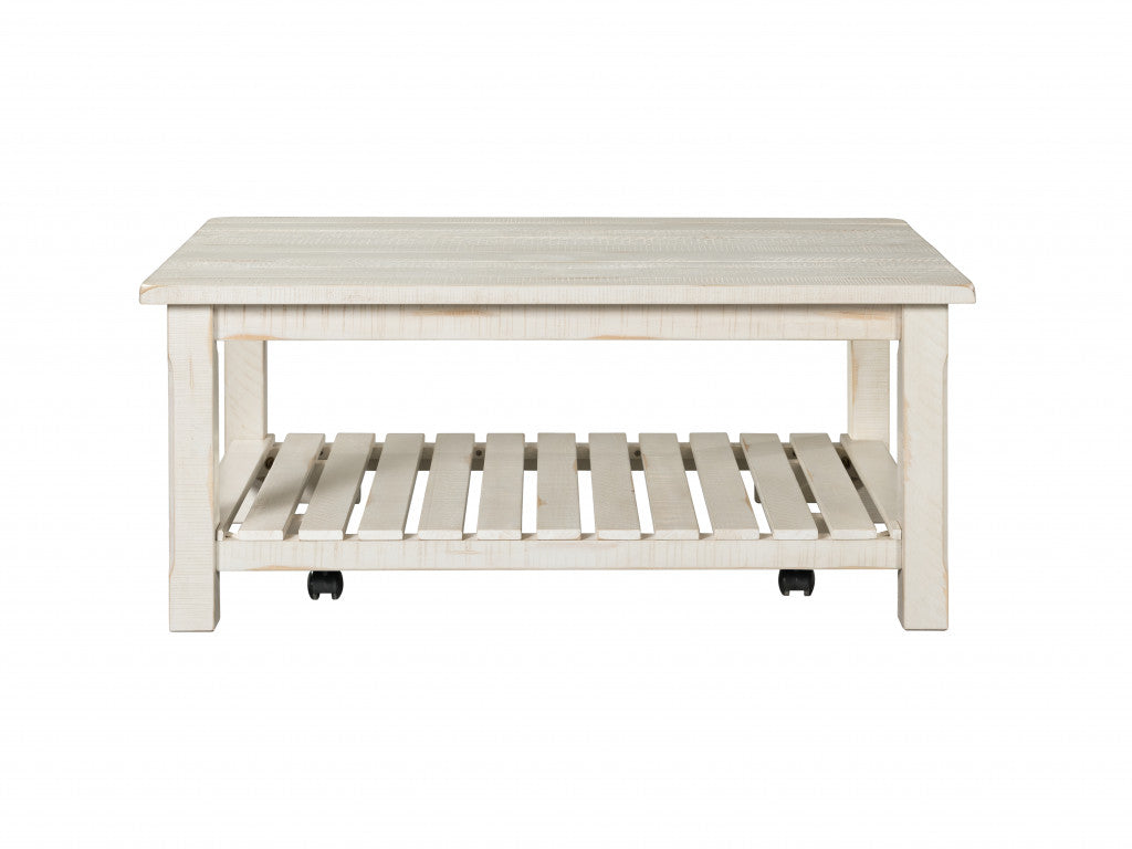 42 英寸古董白色實木長方形仿舊咖啡桌帶架子