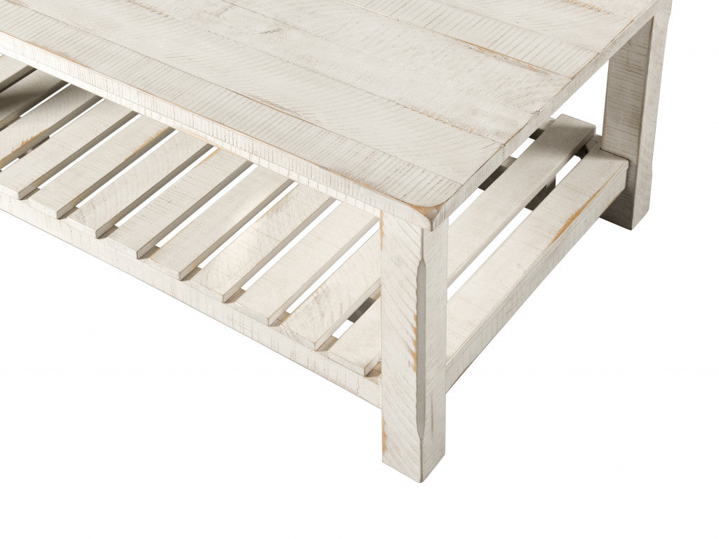 42 英寸古董白色實木長方形仿舊咖啡桌帶架子