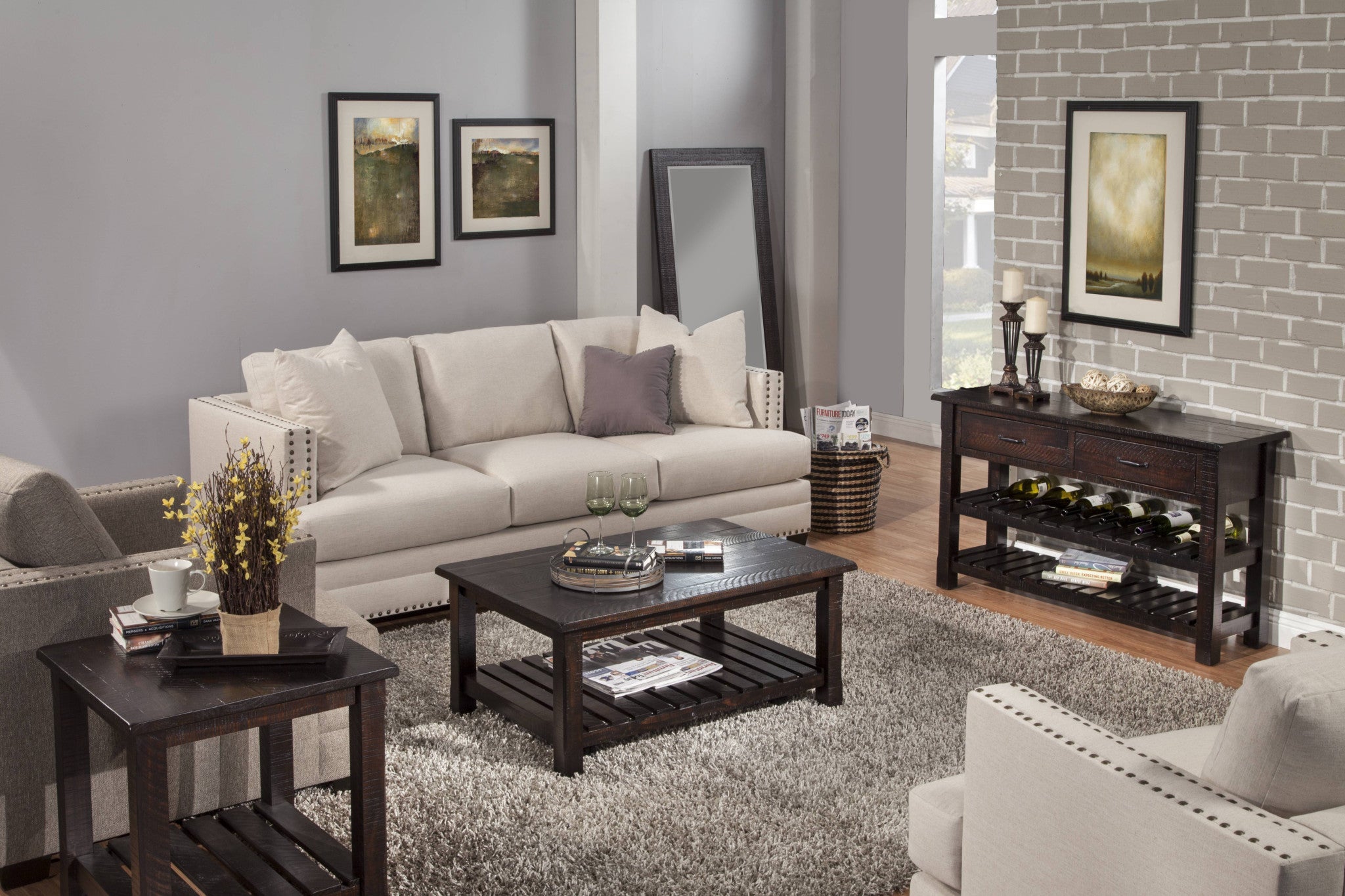 Mesa de centro envejecida rectangular de madera maciza espresso de 42" con estante