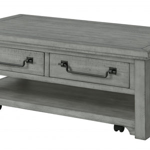 50" Dove Grey Solid Wood Distressed Coffee Table With Storage