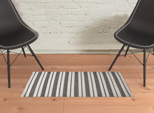 2' X 3' Black And White Striped Dhurrie Hand Woven Stain Resistant Area Rug