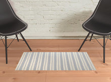 2' X 3' Blue Ivory And Tan Striped Dhurrie Hand Woven Stain Resistant Area Rug