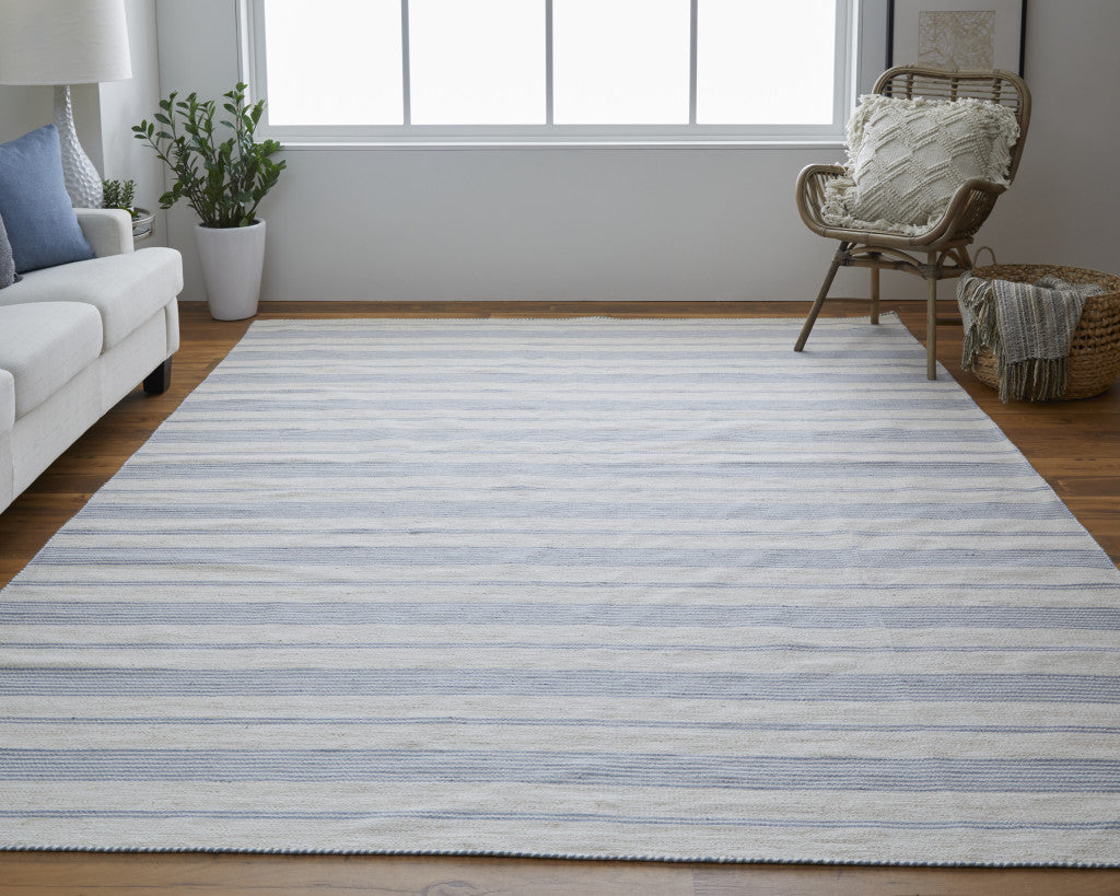 2' X 3' Blue Ivory And Tan Striped Dhurrie Hand Woven Stain Resistant Area Rug