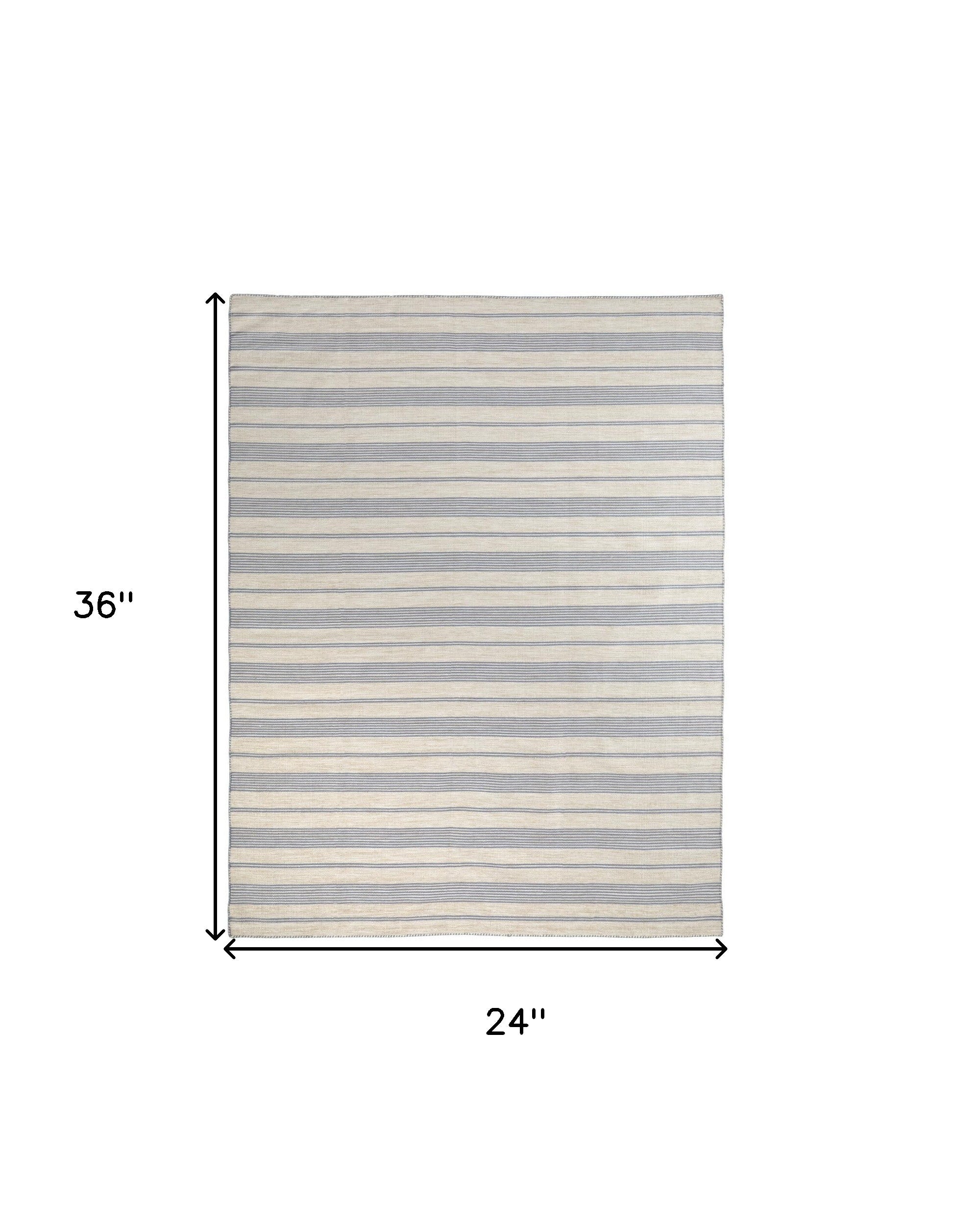 2' X 3' Blue Ivory And Tan Striped Dhurrie Hand Woven Stain Resistant Area Rug