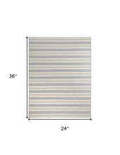 2' X 3' Blue Ivory And Tan Striped Dhurrie Hand Woven Stain Resistant Area Rug