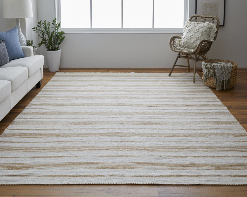2' X 3' Ivory Taupe And Brown Striped Dhurrie Hand Woven Stain Resistant Area Rug