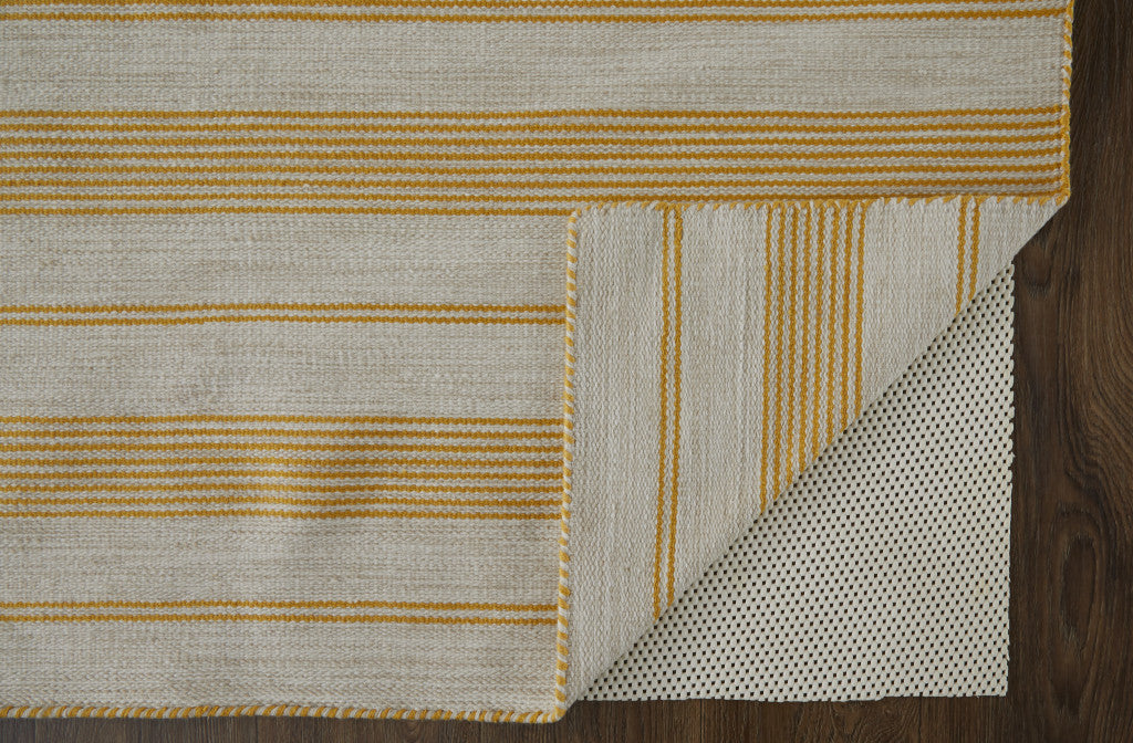 2' X 3' Yellow And Ivory Striped Dhurrie Hand Woven Stain Resistant Area Rug