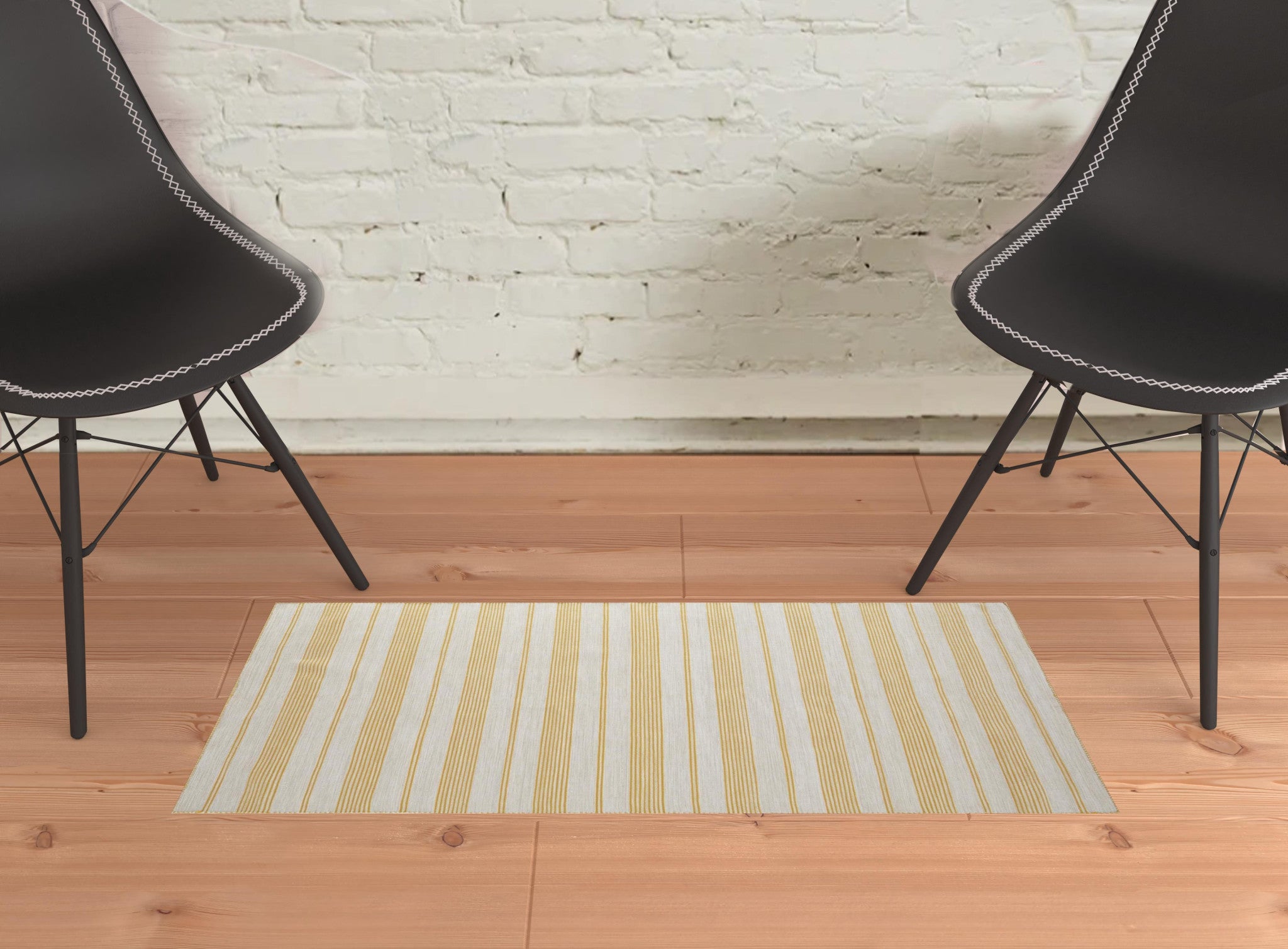 2' X 3' Yellow And Ivory Striped Dhurrie Hand Woven Stain Resistant Area Rug