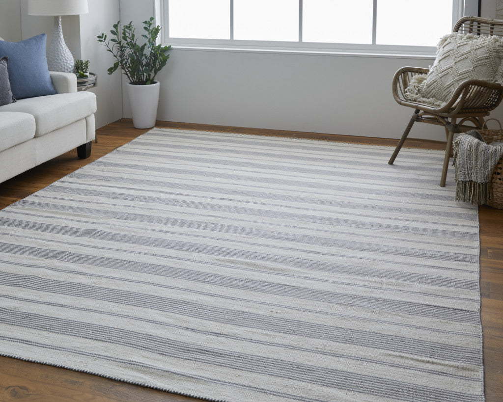 2' X 3' Gray And Ivory Striped Dhurrie Hand Woven Stain Resistant Area Rug