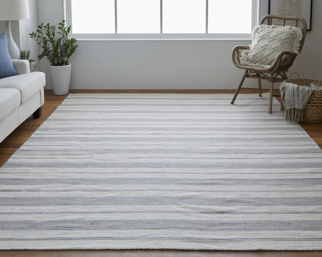2' X 3' Gray And Ivory Striped Dhurrie Hand Woven Stain Resistant Area Rug