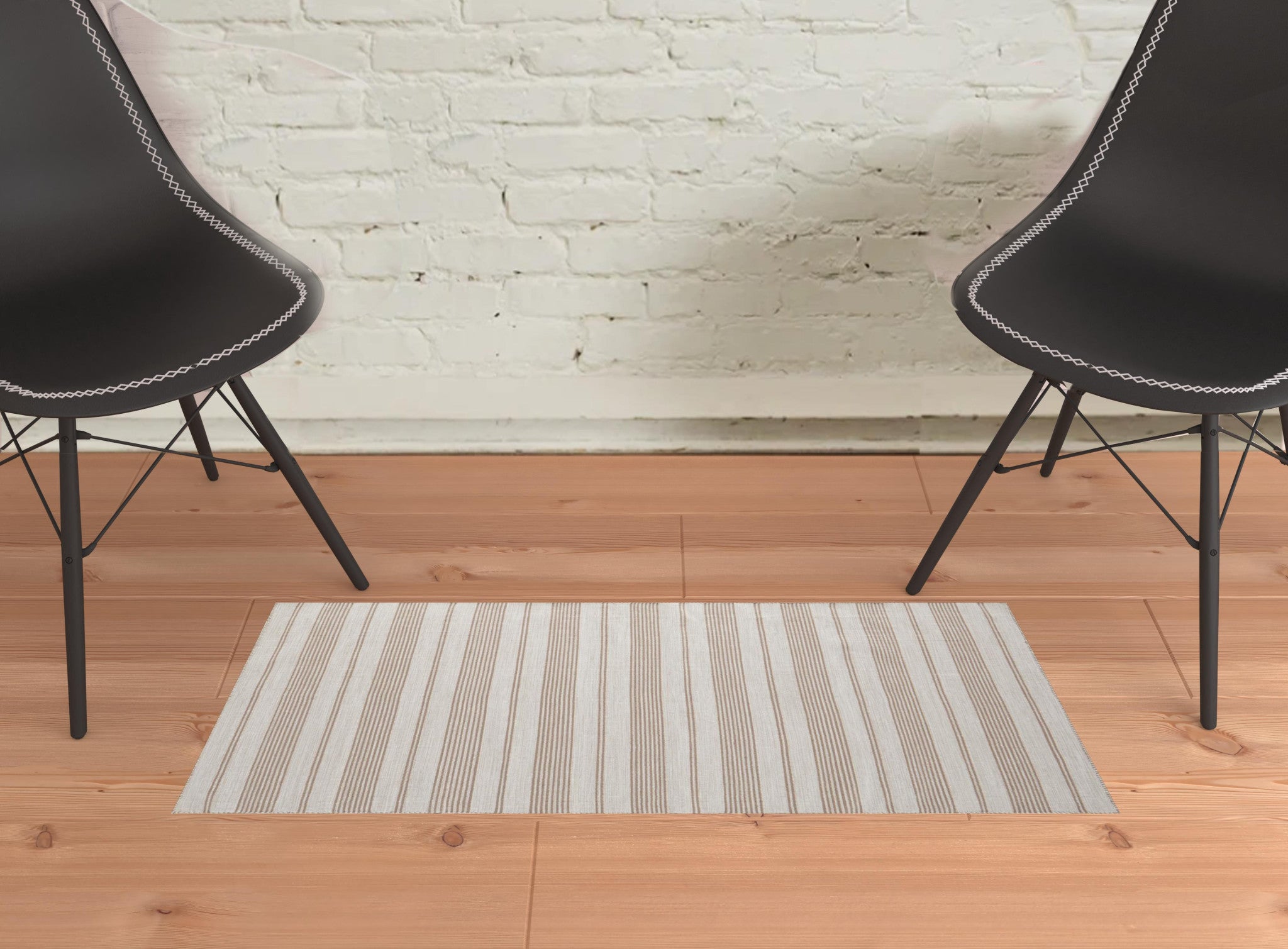 2' X 3' Ivory And Taupe Striped Dhurrie Hand Woven Stain Resistant Area Rug
