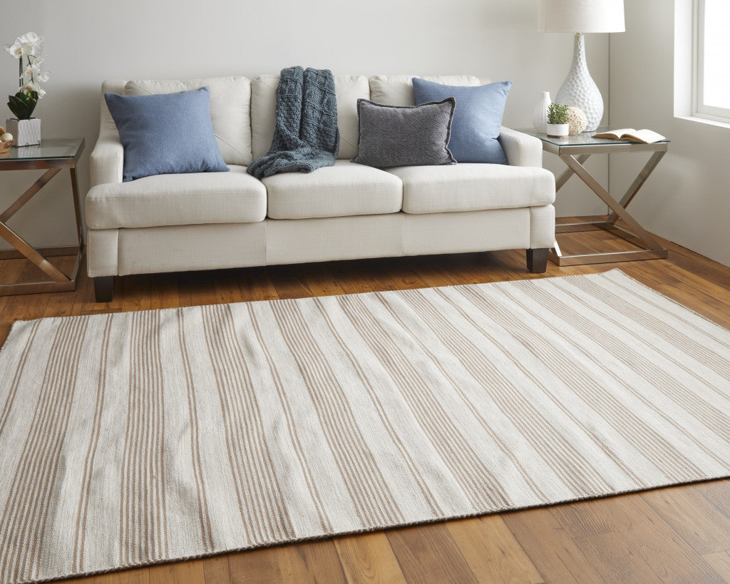 2' X 3' Ivory And Taupe Striped Dhurrie Hand Woven Stain Resistant Area Rug