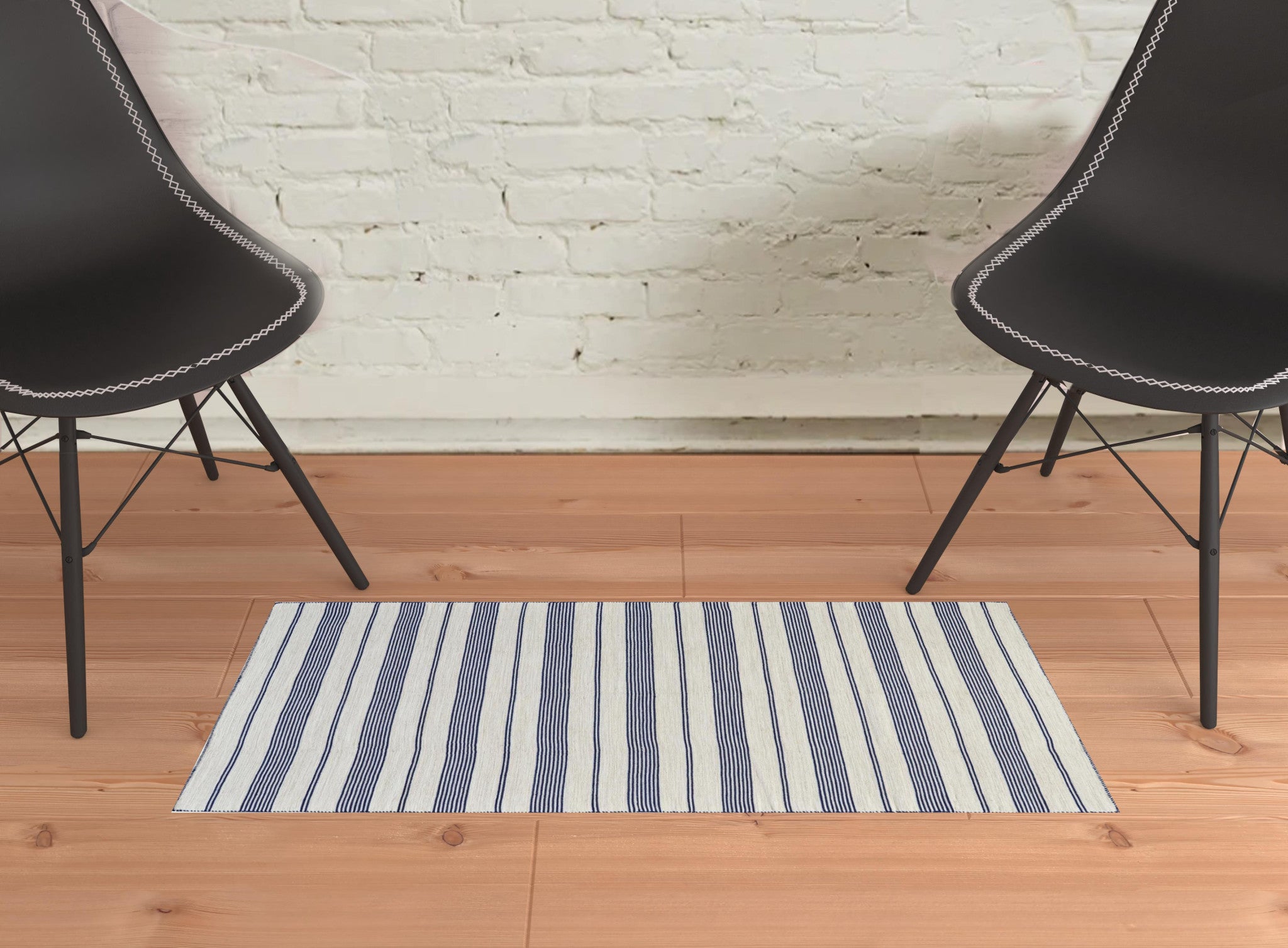2' X 3' Blue And Ivory Striped Dhurrie Hand Woven Stain Resistant Area Rug