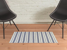 2' X 3' Blue And Ivory Striped Dhurrie Hand Woven Stain Resistant Area Rug