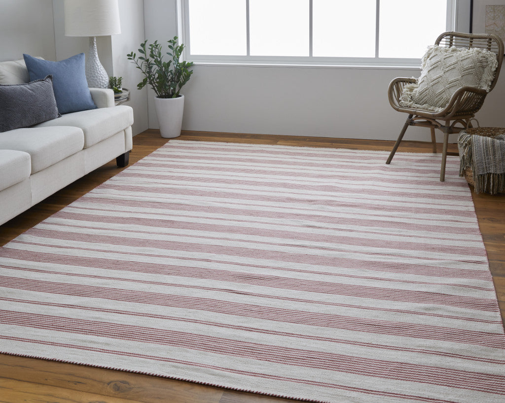 Red And Ivory Striped Dhurrie Hand Woven Stain Resistant Area Rug - 2' x 3'