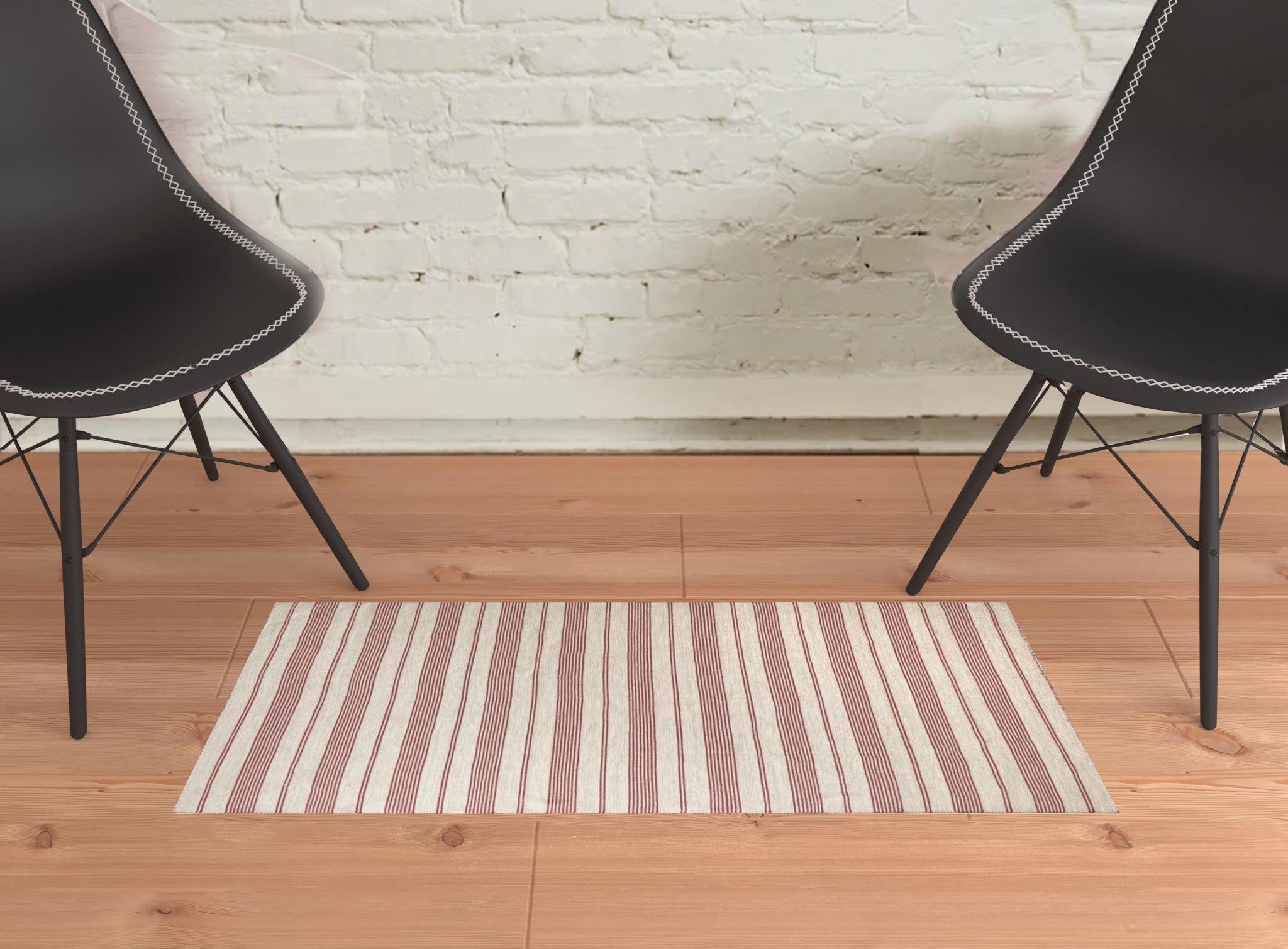 Red And Ivory Striped Dhurrie Hand Woven Stain Resistant Area Rug - 2' x 3'