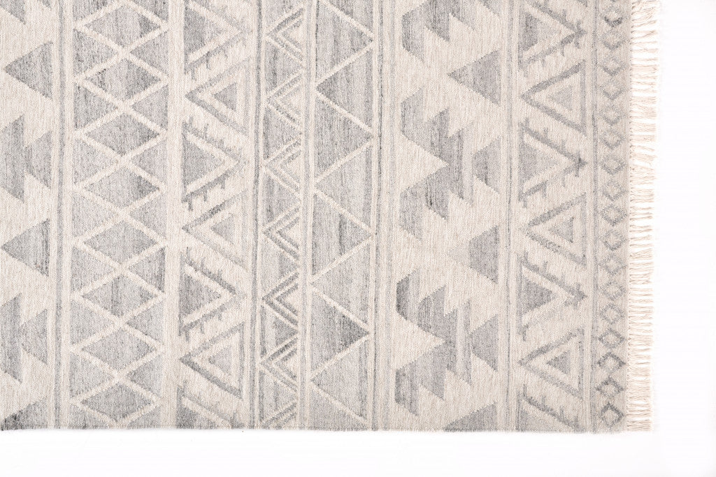 2' X 3' Ivory Gray And Blue Wool Geometric Dhurrie Flatweave Handmade Area Rug With Fringe