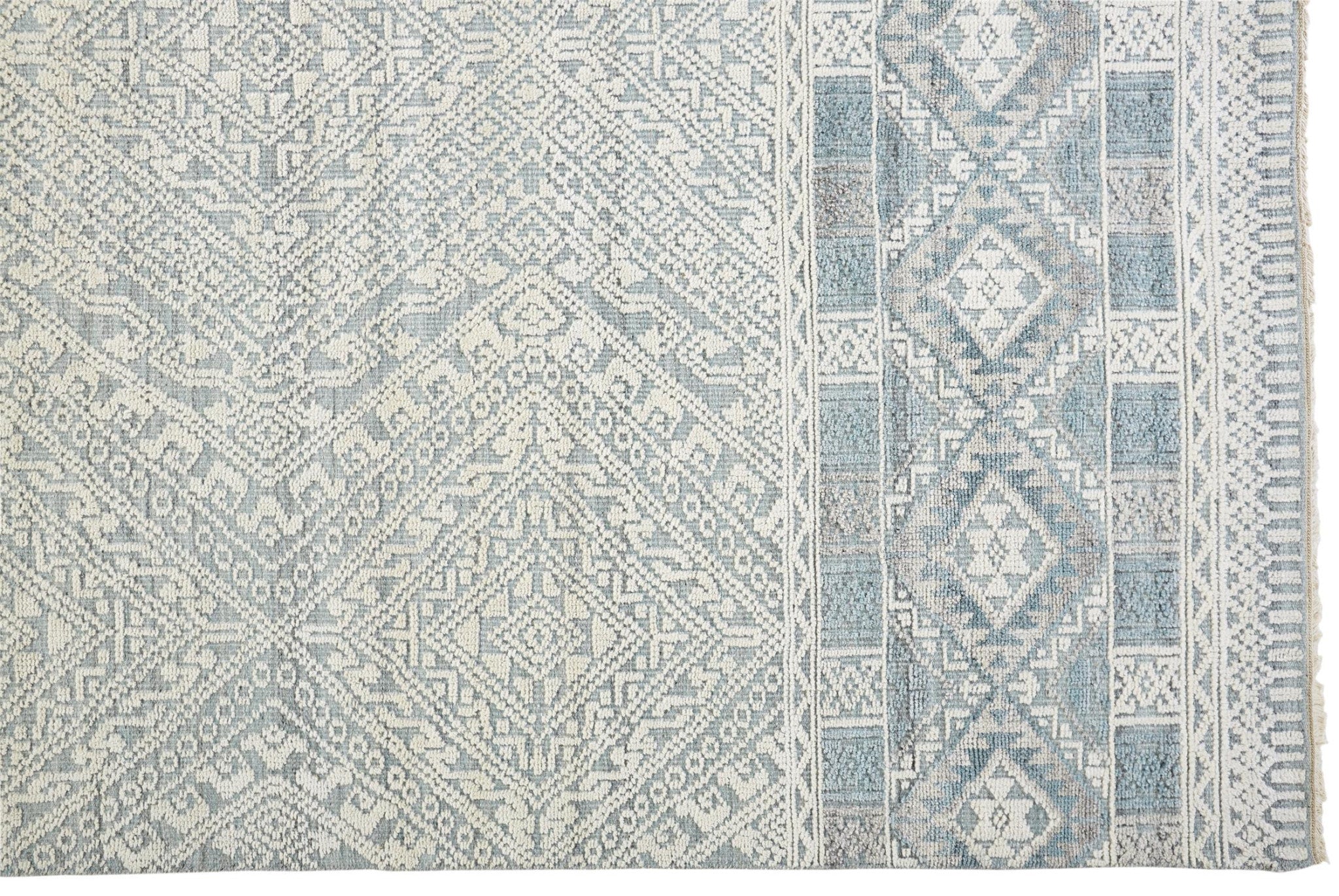 2' X 3' Ivory Blue And Gray Geometric Hand Knotted Area Rug