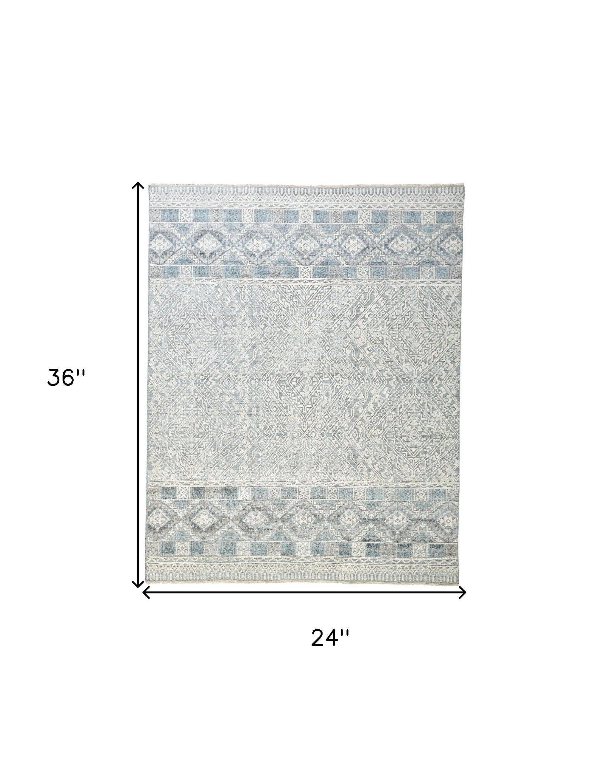 2' X 3' Ivory Blue And Gray Geometric Hand Knotted Area Rug