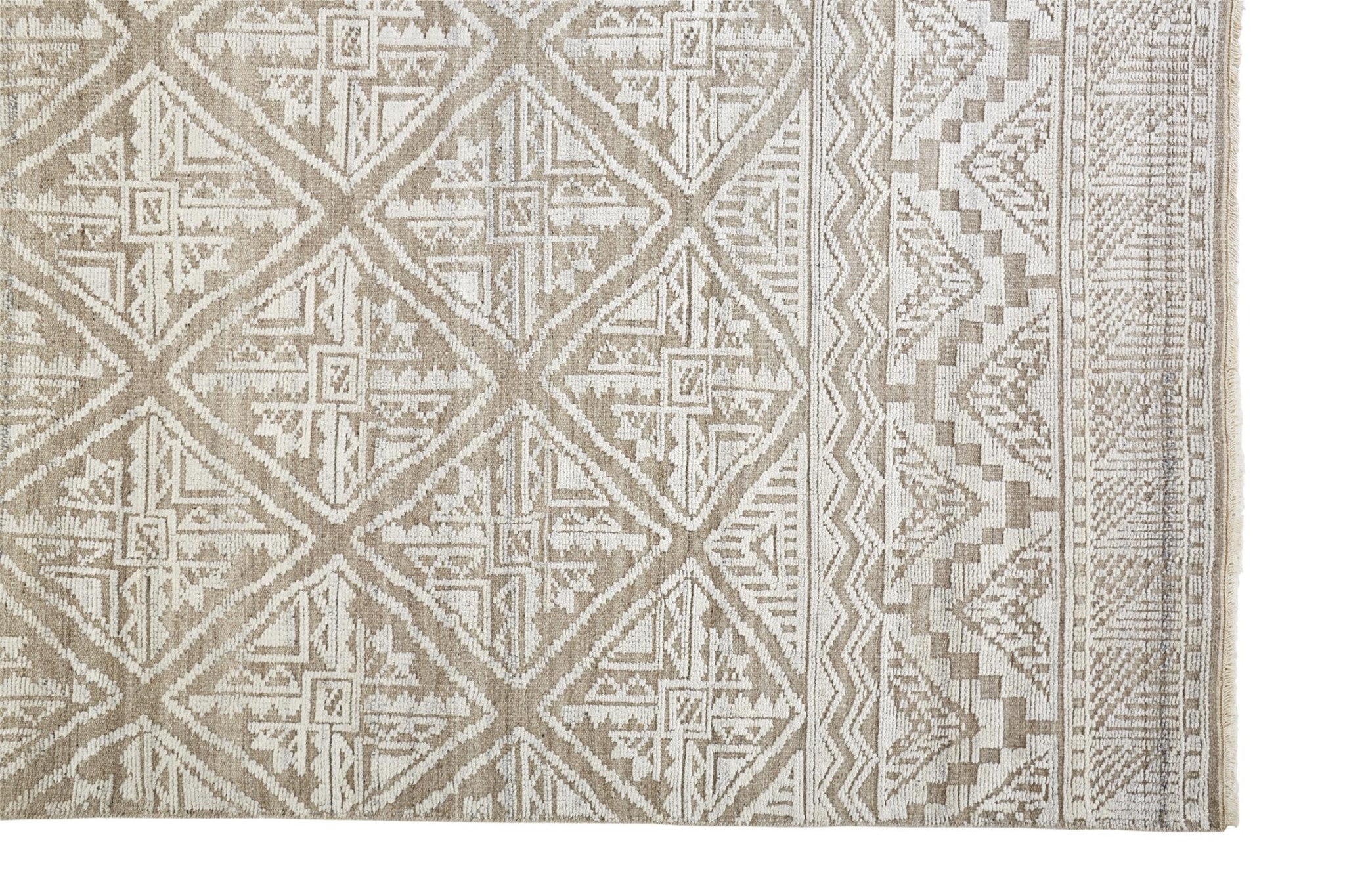2' X 3' Ivory Tan And Gray Geometric Hand Knotted Area Rug