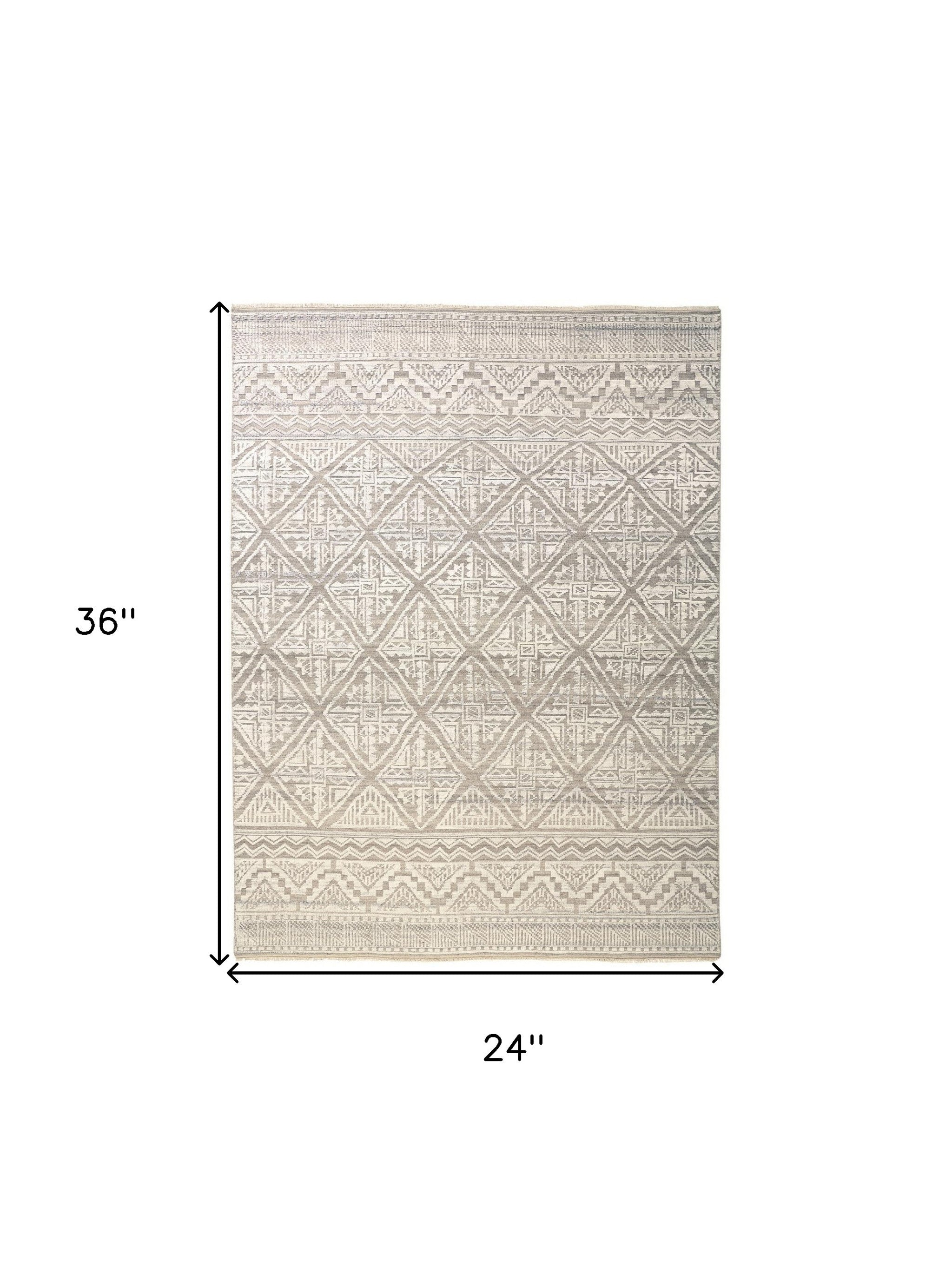 2' X 3' Ivory Tan And Gray Geometric Hand Knotted Area Rug