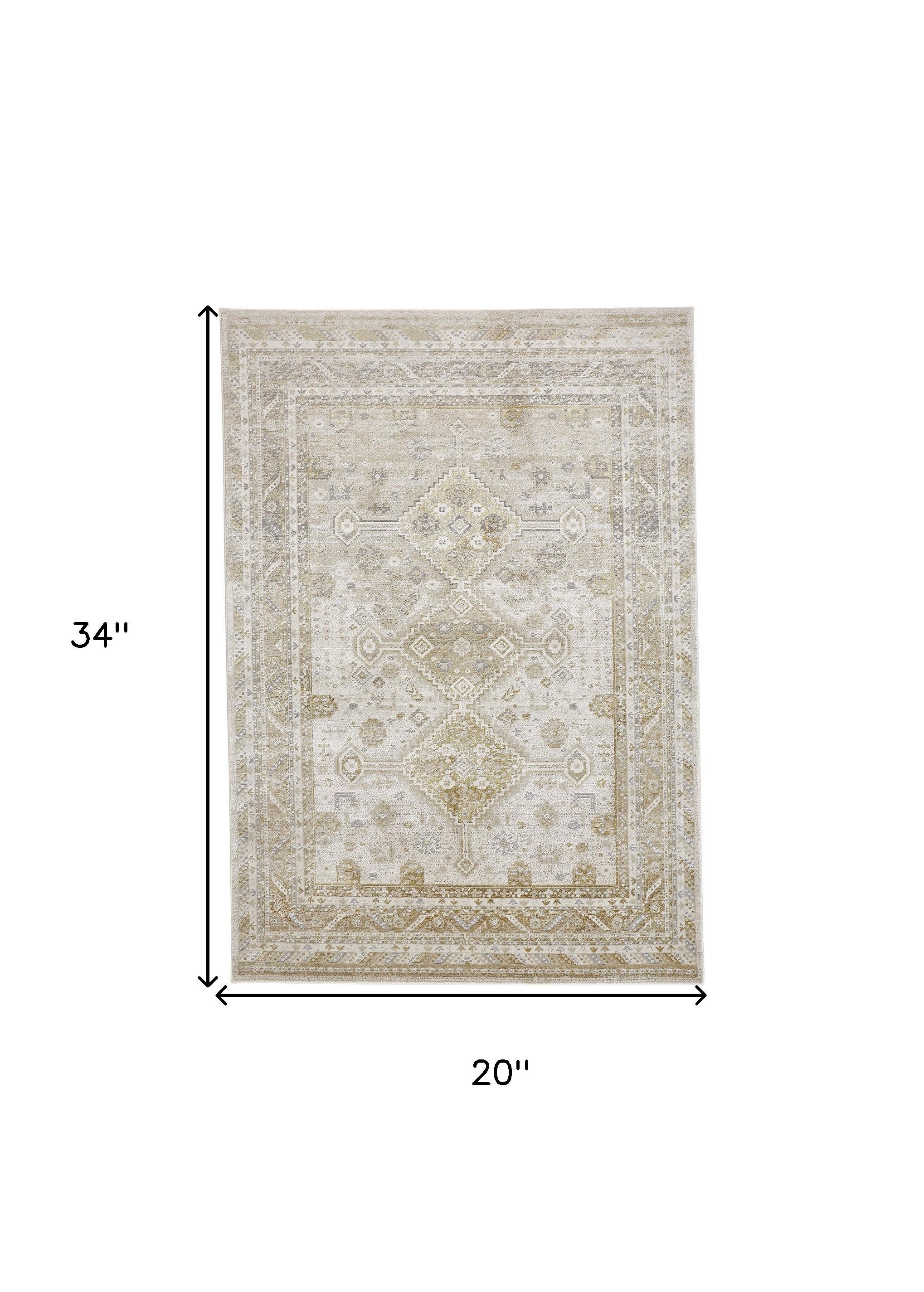 Gold And Ivory Floral Stain Resistant Area Rug - 2' x 3'