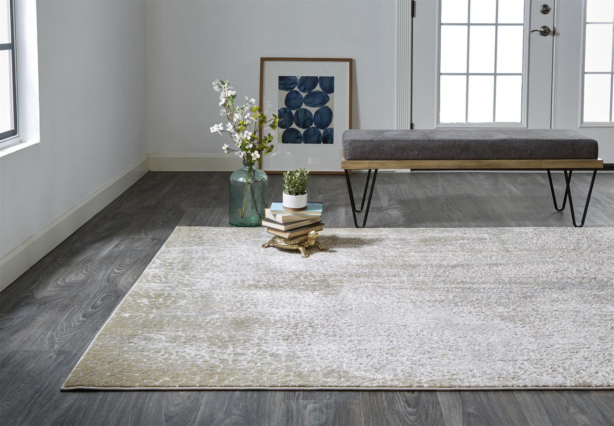 2' X 3' Ivory Gray And Gold Abstract Stain Resistant Area Rug