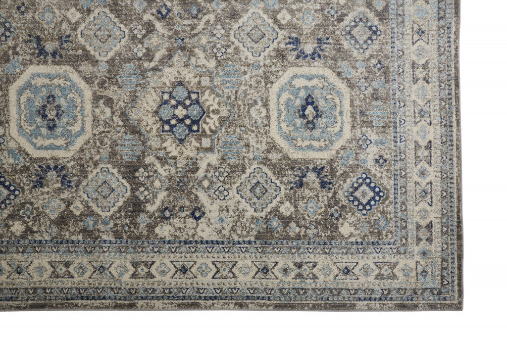 2' X 3' Gray Brown And Blue Floral Stain Resistant Area Rug