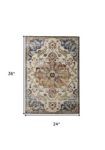 2' X 3' Ivory Gold And Blue Floral Stain Resistant Area Rug
