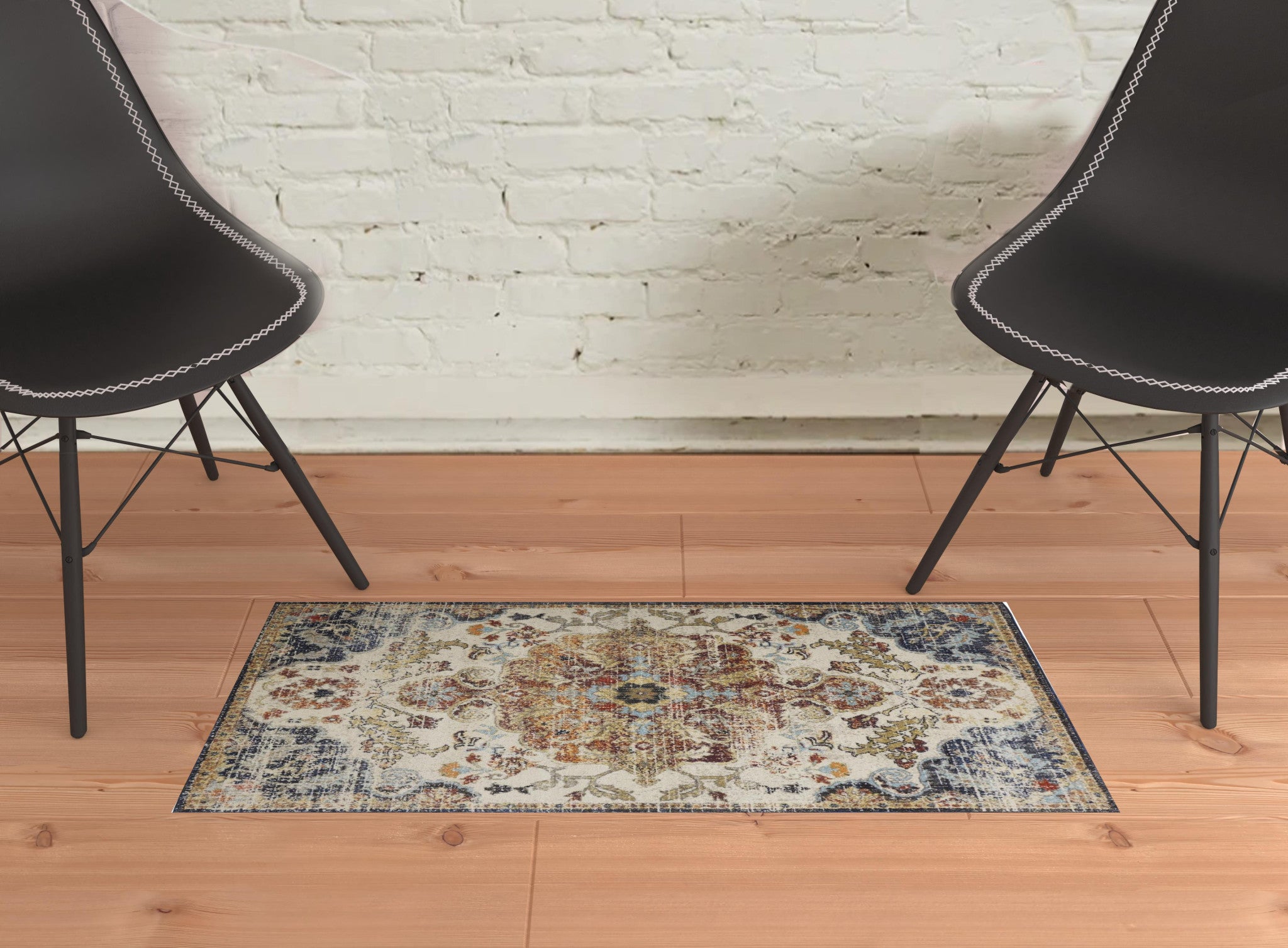 2' X 3' Ivory Gold And Blue Floral Stain Resistant Area Rug