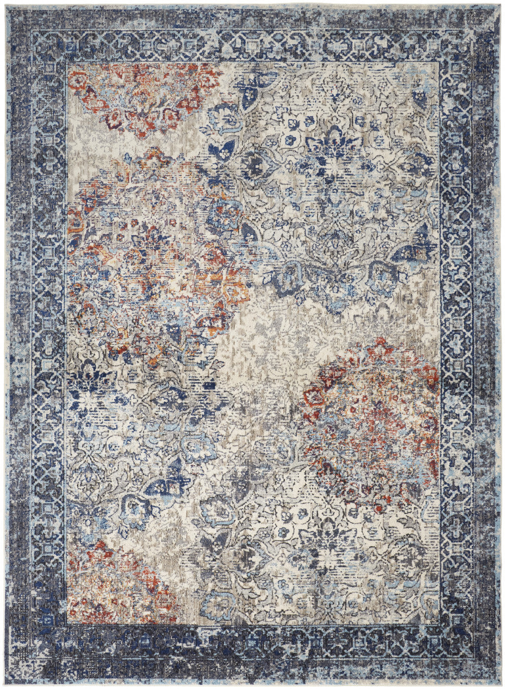 2' X 3' Blue Ivory And Red Floral Power Loom Distressed Stain Resistant Area Rug