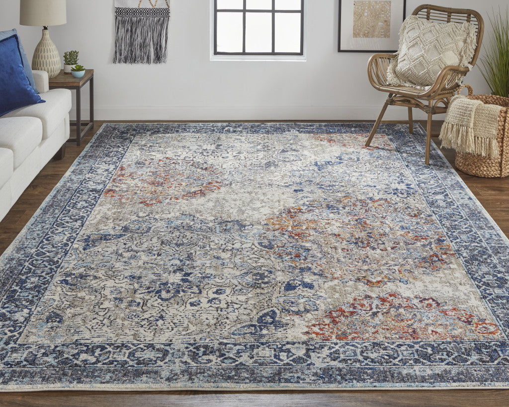 2' X 3' Blue Ivory And Red Floral Power Loom Distressed Stain Resistant Area Rug