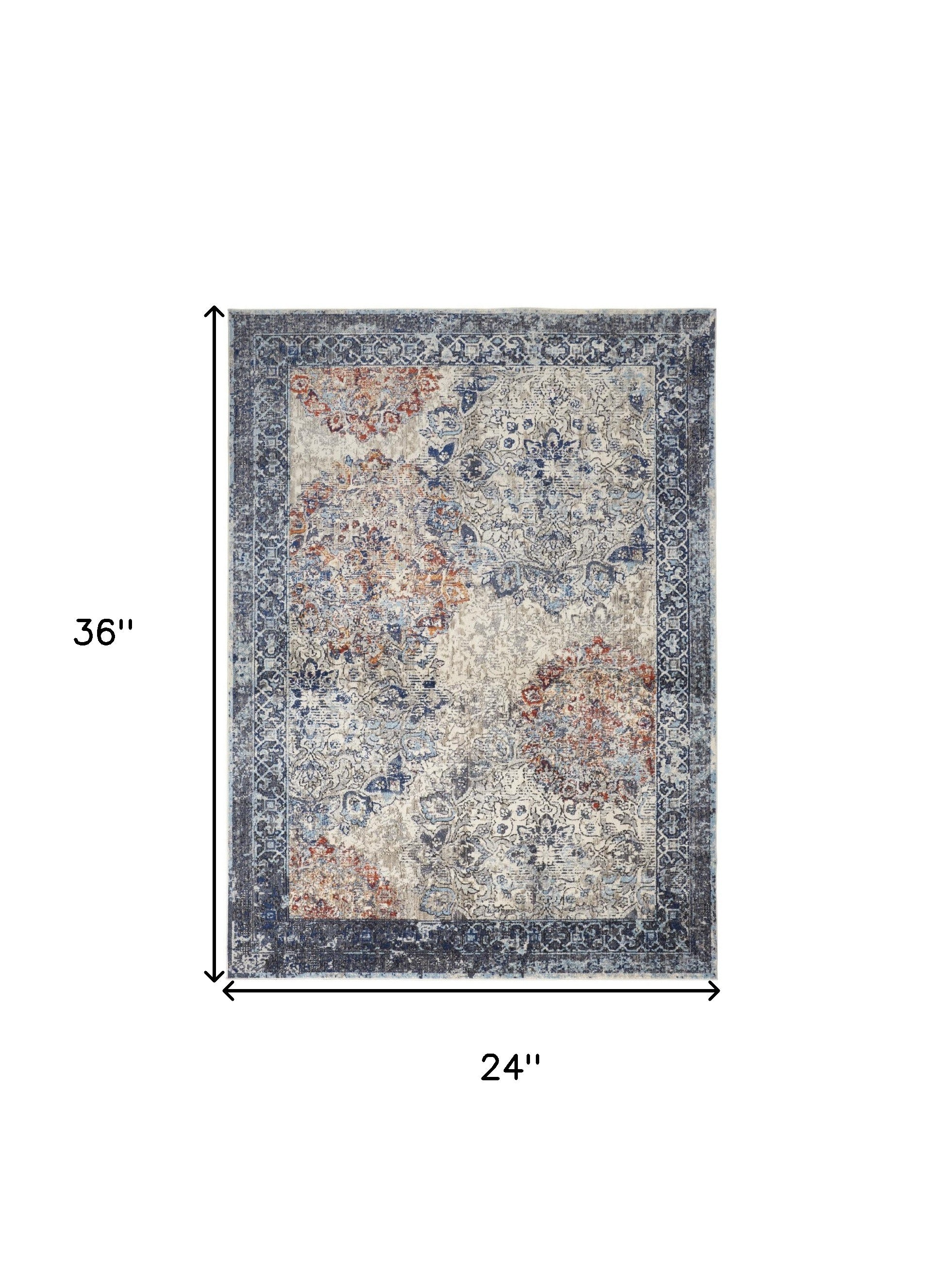 2' X 3' Blue Ivory And Red Floral Power Loom Distressed Stain Resistant Area Rug