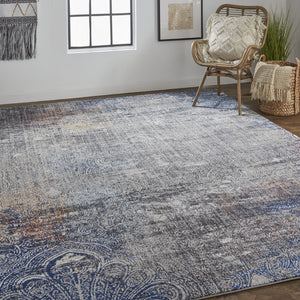 2' X 3' Taupe Blue And Ivory Abstract Power Loom Distressed Stain Resistant Area Rug