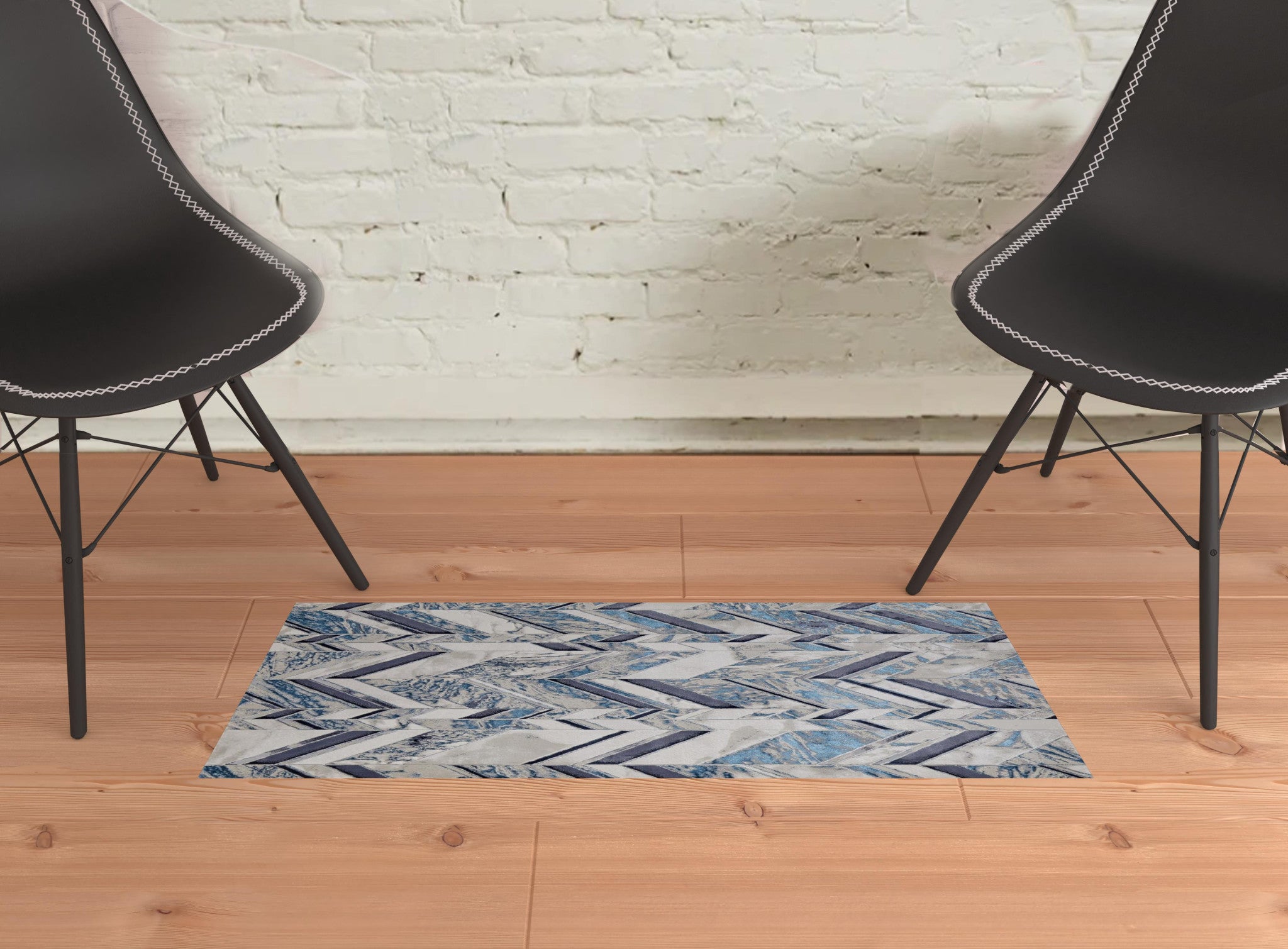 2' X 3' Ivory Blue And Gray Chevron Power Loom Distressed Area Rug
