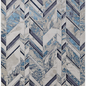 2' X 3' Ivory Blue And Gray Chevron Power Loom Distressed Area Rug