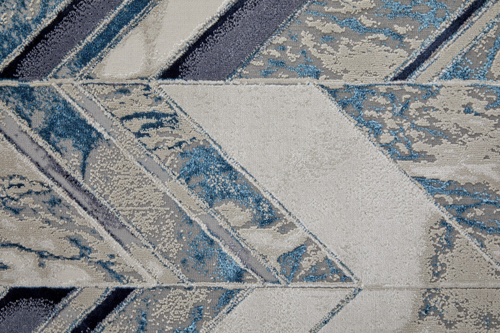 2' X 3' Ivory Blue And Gray Chevron Power Loom Distressed Area Rug
