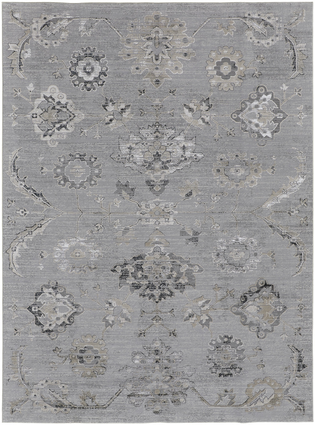 2' X 3' Silver And Black Floral Power Loom Distressed Area Rug