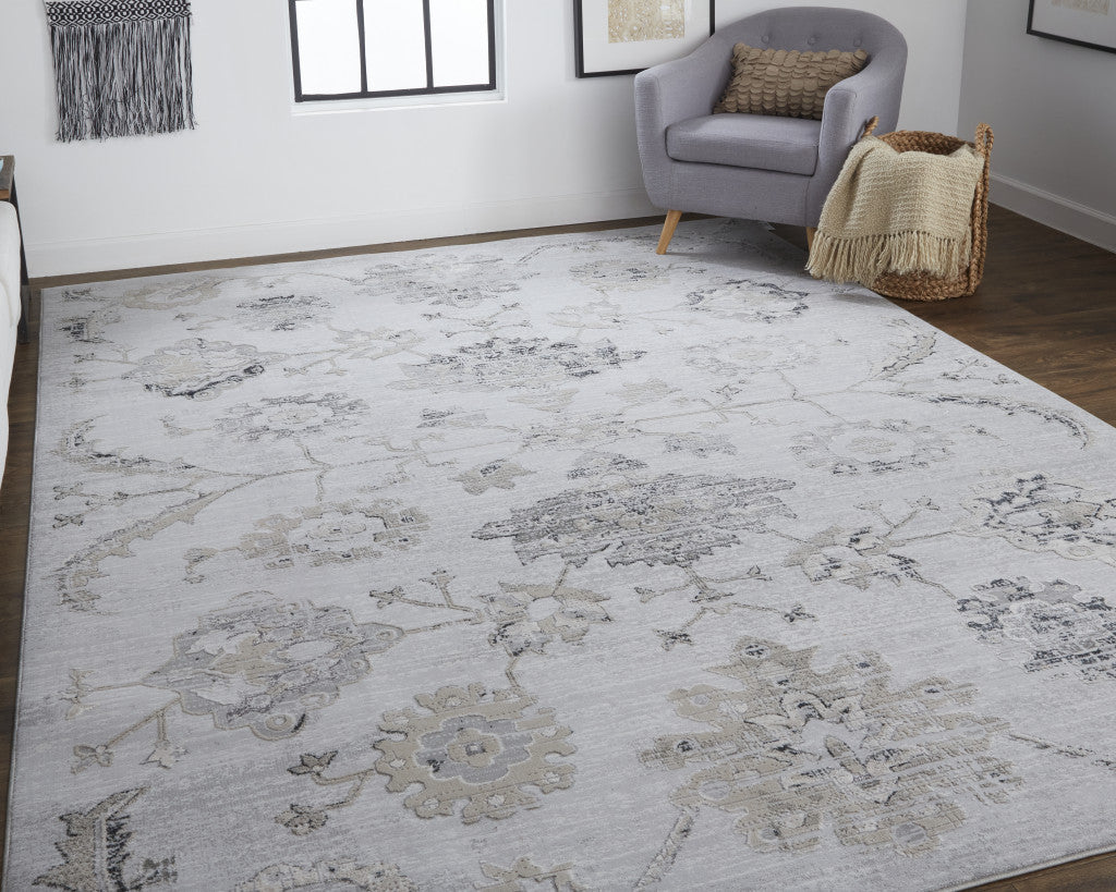 2' X 3' Silver And Black Floral Power Loom Distressed Area Rug