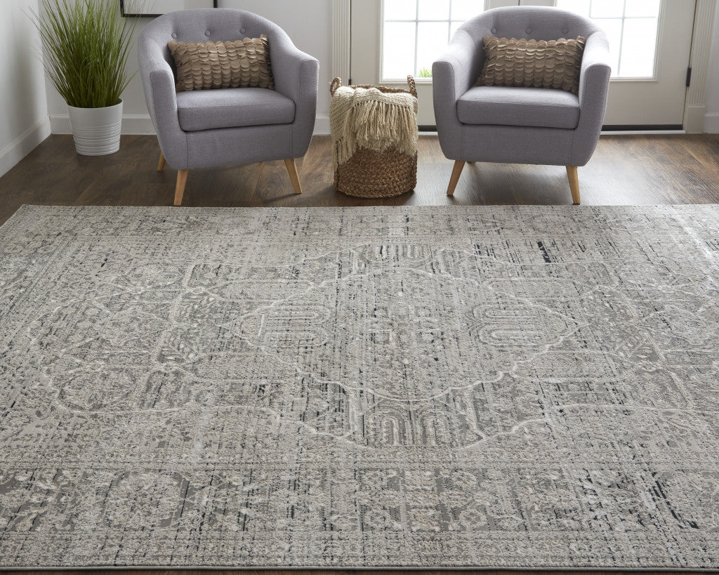 2' X 3' Gray Silver And Taupe Floral Power Loom Distressed Area Rug