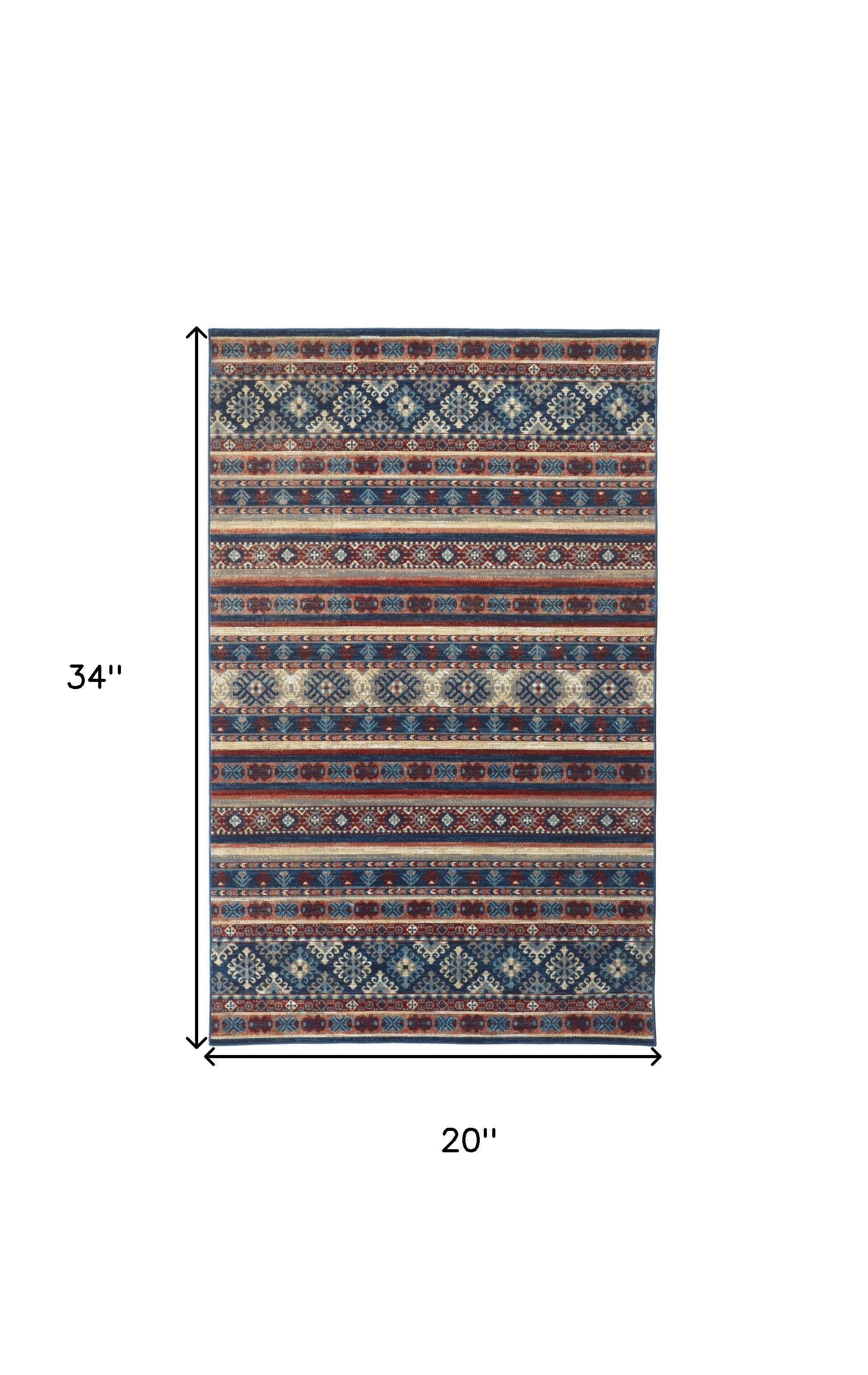 2' X 3' Blue Red And Ivory Geometric Power Loom Distressed Stain Resistant Area Rug