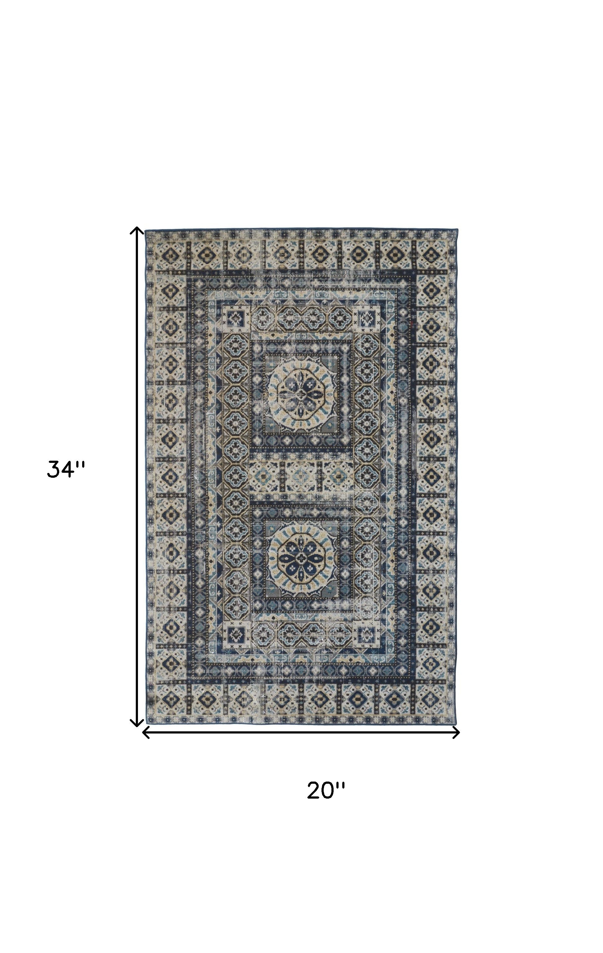 2' X 3' Ivory Tan And Blue Abstract Power Loom Distressed Stain Resistant Area Rug
