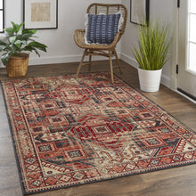Red Tan And Black Abstract Power Loom Distressed Stain Resistant Area Rug - 2' x 3'
