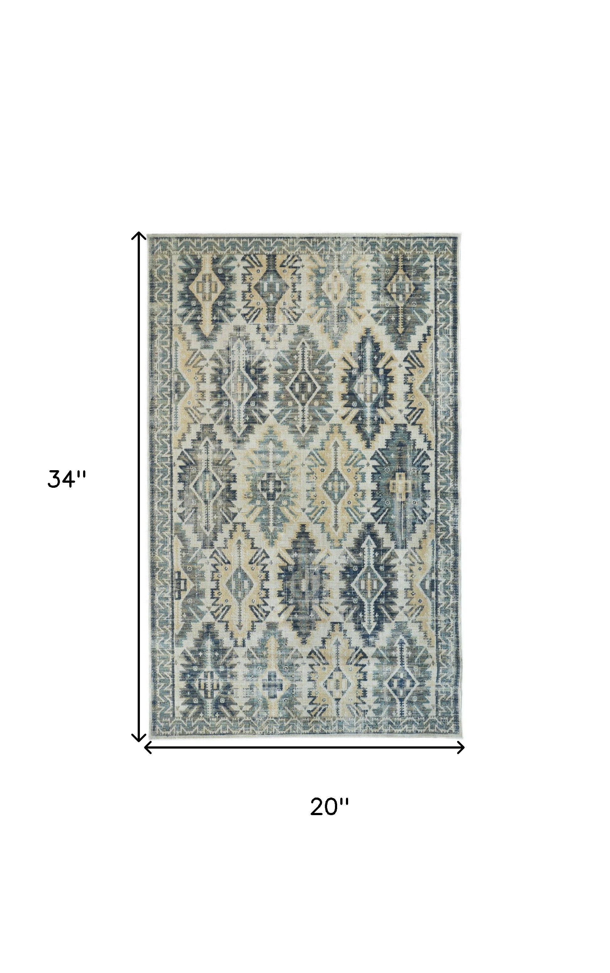 2' X 3' Green Blue And Ivory Abstract Power Loom Distressed Stain Resistant Area Rug