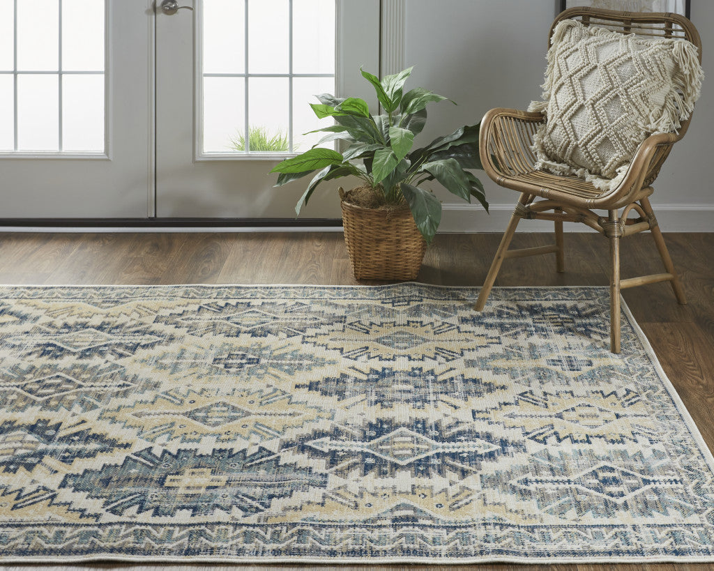 2' X 3' Green Blue And Ivory Abstract Power Loom Distressed Stain Resistant Area Rug